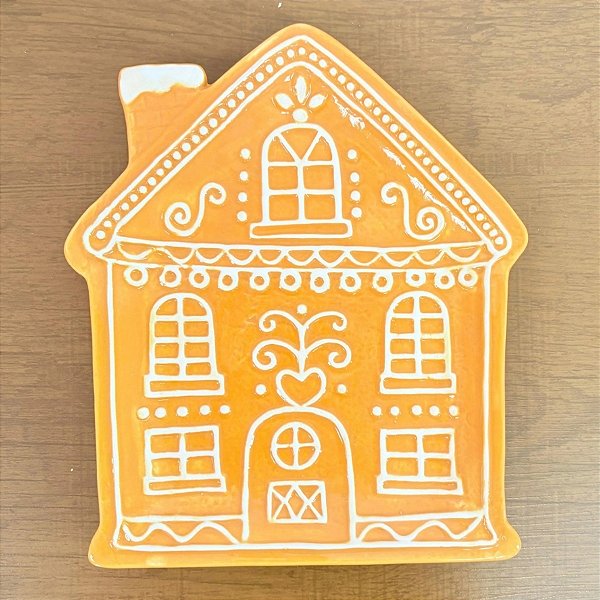 Bandeja Decorativa de Natal de Cerâmica - Casa Marrom Claro e Branco - 20x24cm - 1 unidades - Cromus - Rizzo