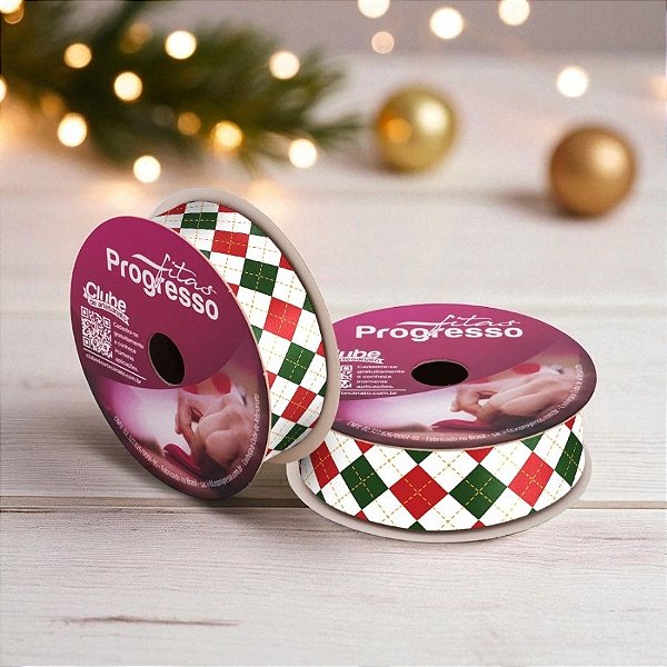 Fita de Cetim 10m x 22mm - Cor 227 - Xadrez Natalino Argyle Branco - Rolo 10 metros   - 1 unidade - Progresso - Rizzo