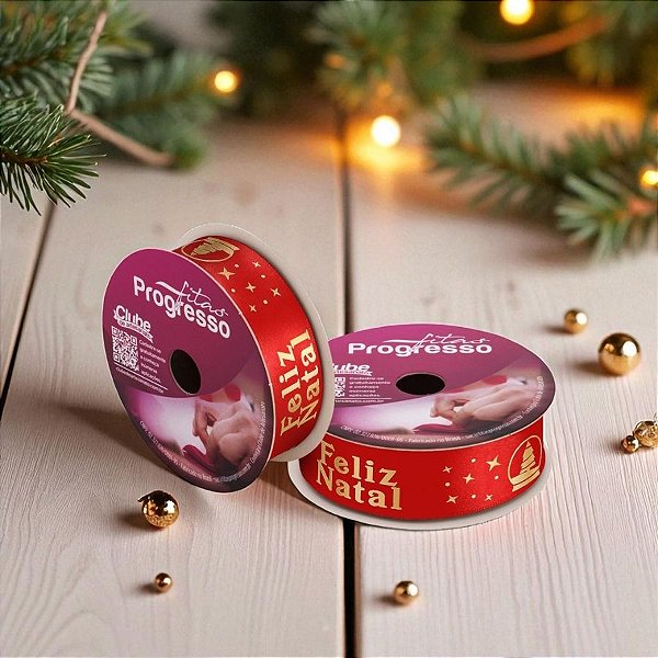 Fita de Cetim 10m x 22mm - Cor 1079 - Feliz Natal Vermelho - Rolo 10 metros   - 1 unidade - Progresso - Rizzo