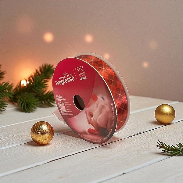 Fita de Cetim 10m x 15mm - Cor 093 - Xadrez Natalino Argyle Vermelho - Rolo 10 metros  - 1 unidade - Progresso - Rizzo