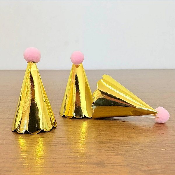 Enfeite Decorativo Mini Chapéu de Festa - Dourado com Pompom Rosa- 3x4,5cm - 10 unidades - Artlille - Rizzo