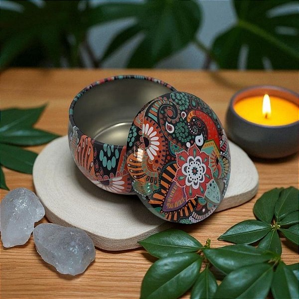 Lata De Metal Estampa De Mandala - Preto - 7x7cm - 130ml - 1 unidade - Rizzo