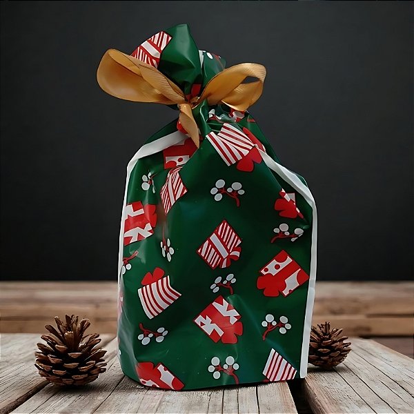 Saco Para Presente Decorado - Presentes Verde - 15x23cm - 50 unidades - Rizzo