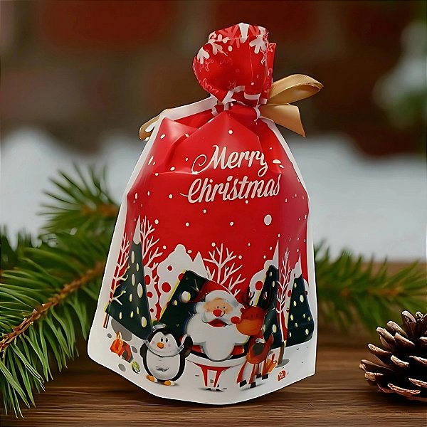 Saco Para Presente Decorado - Árvores de Natal Vermelho - 12x18cm - 50 unidades - Rizzo