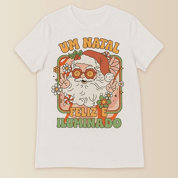 Camiseta Branca Estampada - Papai Noel Hippie - Adulto - 1 unidade - Rizzo