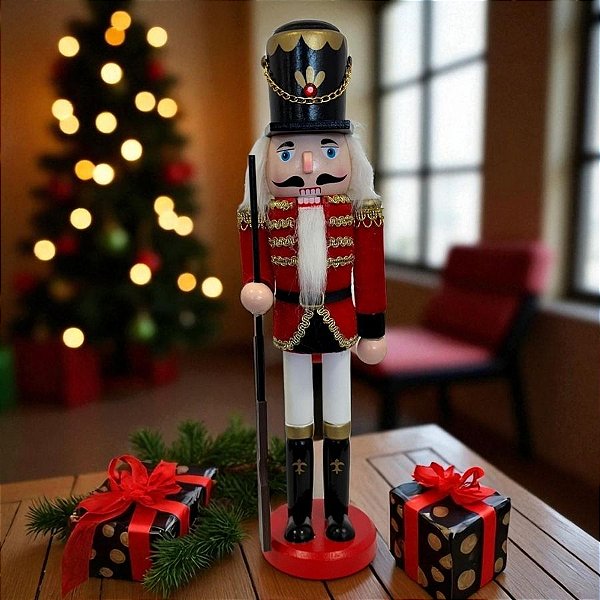 Soldado de Chumbo de Madeira com Arma - 30cm - Vermelho e Dourado - 1 unidade - Rizzo