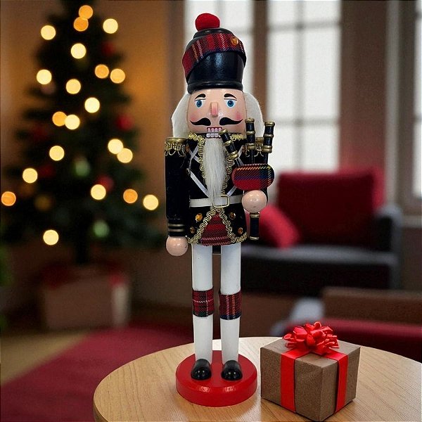 Soldado de Chumbo de Madeira com Gaita de Fole- 30cm - Preto e Dourado - 1 unidade - Rizzo