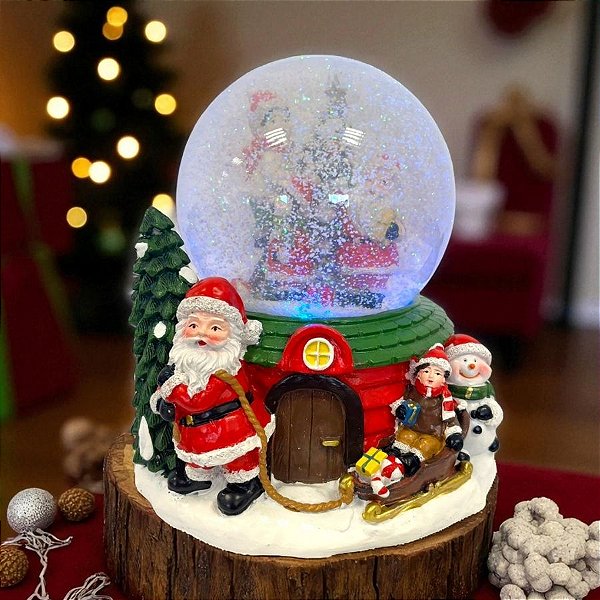 Enfeite Decorativo de Natal - Globo de Neve com Papai Noel, Crianças e Árvore De Natal - 22x22x23cm - 1 unidade - Rizzo