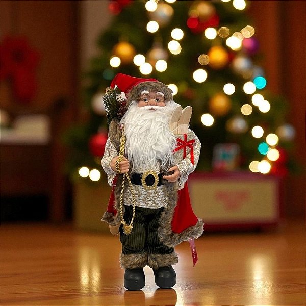 Papai Noel Decorativo em Pé Com saco de presente decorado e Presentes - 60cm - 1 unidade - Rizzo