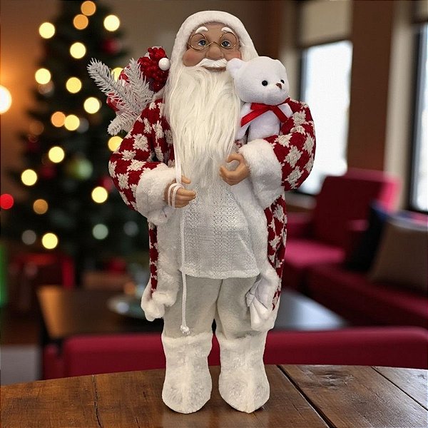 Papai Noel Decorativo em Pé com Saco de Presentes e Urso - Vermelho e Branco - 45cm - 1 unidade - Rizzo