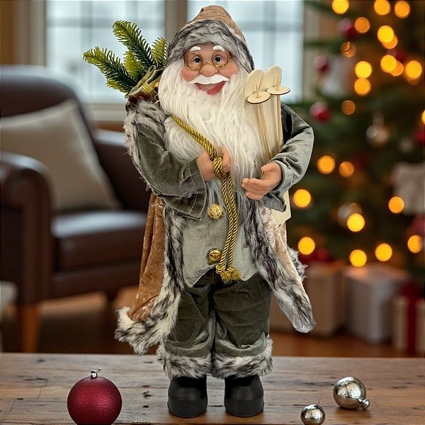 Papai Noel Decorativo em Pé com Saco de Presentes - Verde e Bege - 60cm - 1 unidade - Rizzo