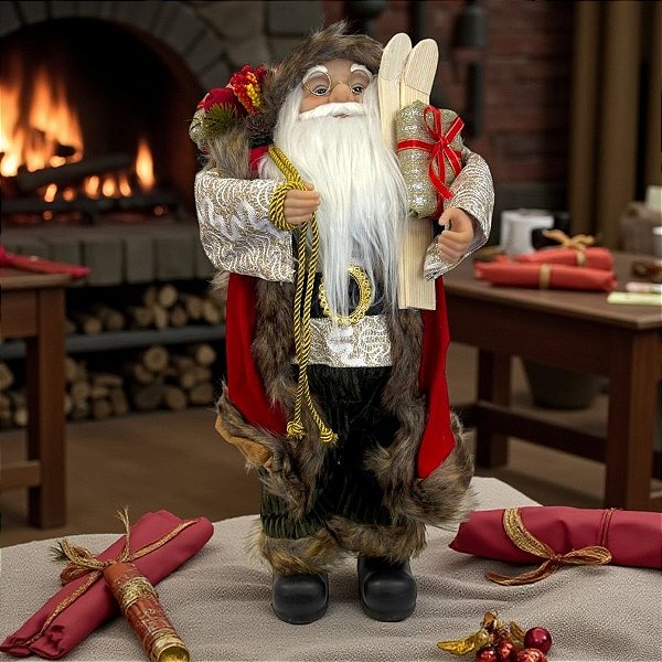 Papai Noel Decorativo em Pé com Saco de Presentes - Vermelho e Marrom - 45cm - 1 unidade - Rizzo