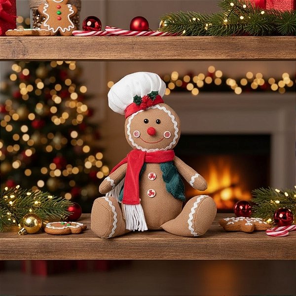 Enfeite Decorativo De Natal - Boneco Ginger Bread Confeiteiro - 15x29,5cm - 1 unidade - Cromus - Rizzo