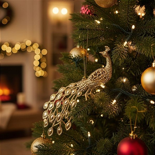 Enfeite Para Pendurar de Natal - Pavão Dourado - 19x12cm - 1 unidade - Cromus - Rizzo