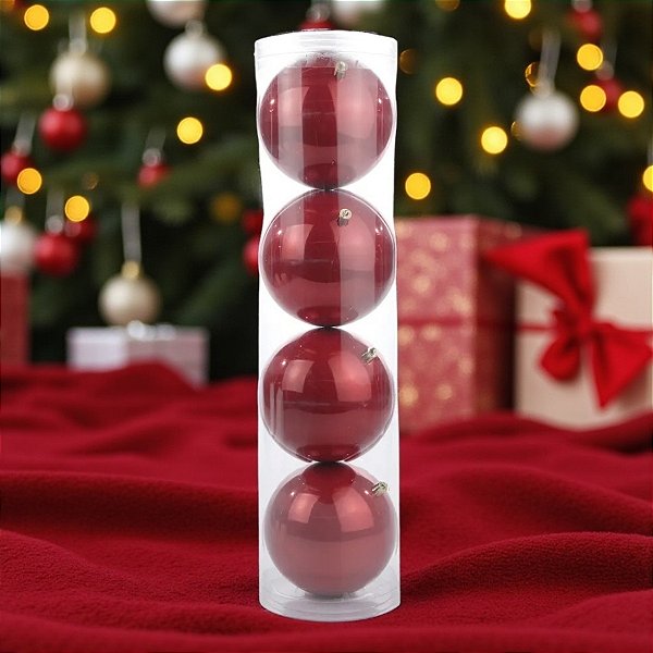 Bolas de Natal em Tubo - Vermelha - 12cm - 4 unidades - Cromus - Rizzo