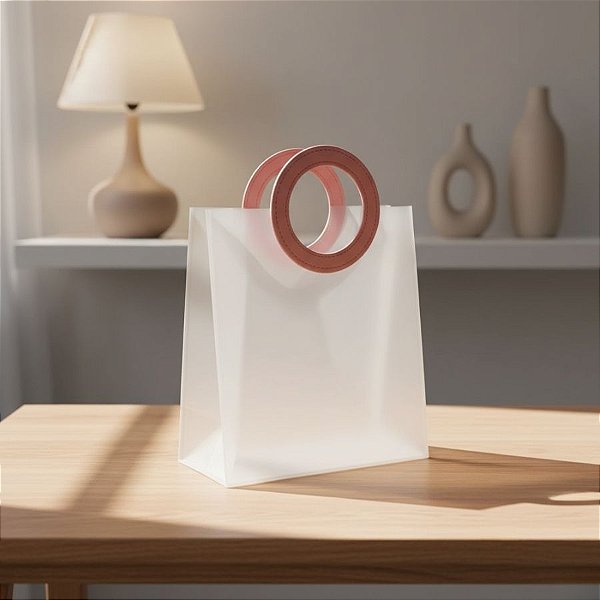 Sacola Transparente Fosca PVC com Alça Redonda de Couro Rosa - 23x20x10cm  - 1 unidade - Rizzo