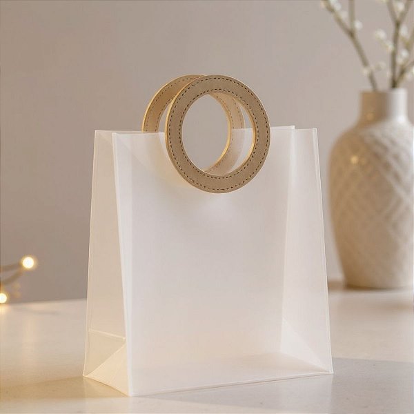 Sacola Transparente Fosca PVC com Alça Redonda de Couro Dourado - 23x20x10cm  - 1 unidade - Rizzo