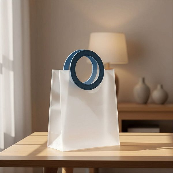 Sacola Transparente Fosca PVC com Alça Redonda de Couro Azul - 23x20x10cm  - 10 unidades - Rizzo