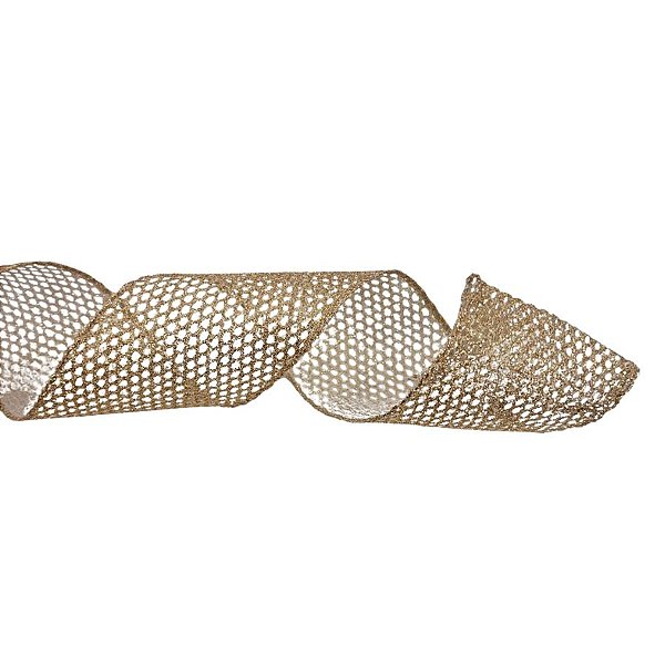 Fita Aramada Decorativa de Natal - Ouro Branco Trabalahado - 6,3cmx9,14m - 1 unidade - Cromus - Rizzo