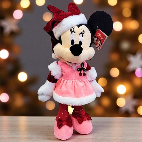 Pelúcia Decorativa de Natal - Minnie em Pé - Rosa e Vermelho - 36cm - 1 unidade - Disney Original - Rizzo