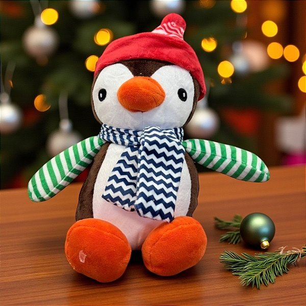 Pinguim de Pelúcia - Cachecol e Touca - 16x22x12cm - 1 unidade - Rizzo