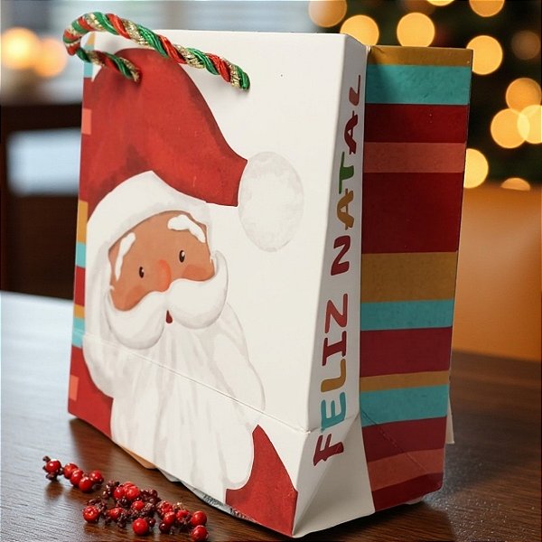 Sacola de Papel de Natal - Papai Noel Aquarelado - Noel Vermelho e Azul - 15,5x7x14,3cm - 1 unidade - FlorArte - Rizzo