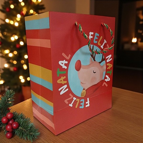 Sacola de Papel de Natal - Papai Noel Aquarelado - Rena Vermelho e Azul - 23x10x18cm - 1 unidade - FlorArte - Rizzo