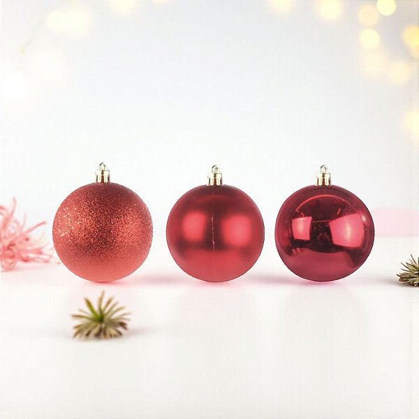 Bola de Natal em Tubo - Brilho/Fosco/Glitter Vermelho - 6cm - 6 unidades - Cromus - Rizzo