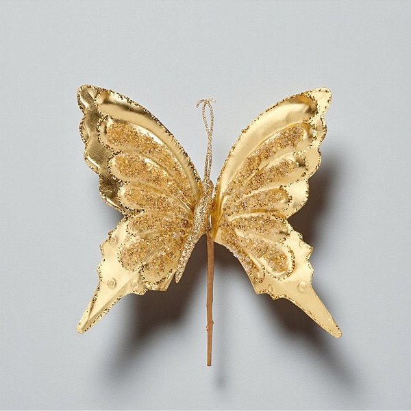 Pick Decorativo de Natal - Borboleta Dourada com Glitter e Pérola - 27x25x3,5cm - 1 unidade - Cromus - Rizzo