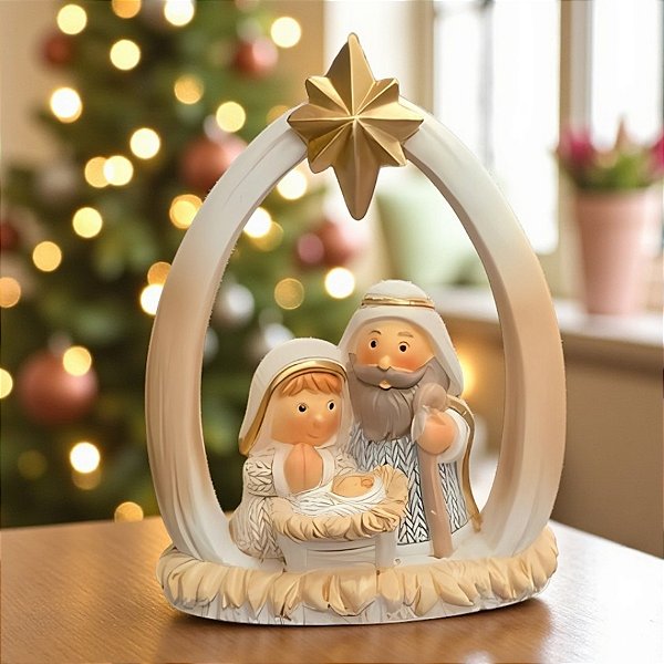 Enfeite de Natal em Resina - Sagrada Família - Branco e Ouro - 7,5x5,5x1,7cm - 1 unidade - Cromus - Rizzo