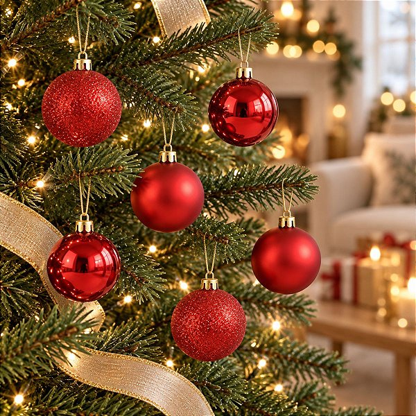 Bolas de Natal em Tubo - Vermelha Lisa, Matte e Glitter - 4cm - 6 unidades - Cromus - Rizzo
