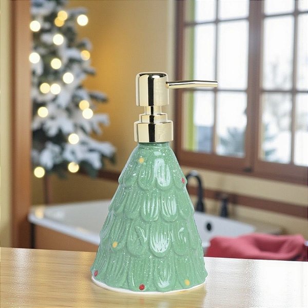 Saboneteira de Cerâmica - Árvore de Natal - Verde e Ouro - 17,5x10cm - 1 unidade - Cromus - Rizzo