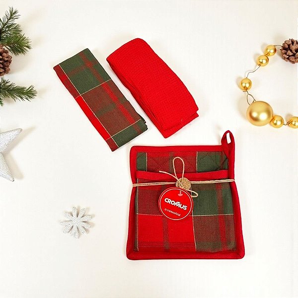 Pano de Mão com Bolsa de Natal - Vermelho e Verde - 70x40cm - 2 unidades - Cromus - Rizzo