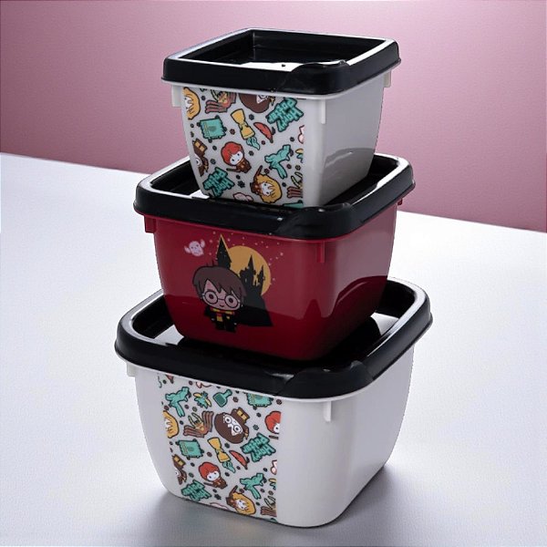 Kit 3 Potes de Plástico Quadrado - Harry Potter - 1 unidade - Plasútil - Rizzo