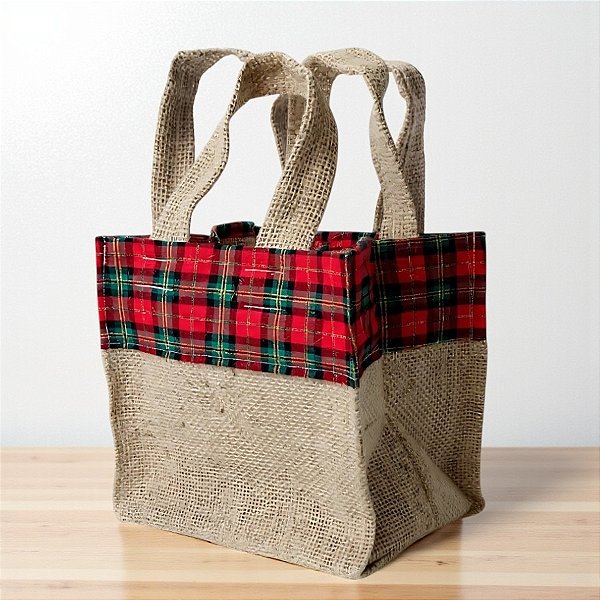 Sacola de Juta Para Panetone - Vermelho Xadrez - 17x15x20cm - 1 unidade - EcoArt - Rizzo