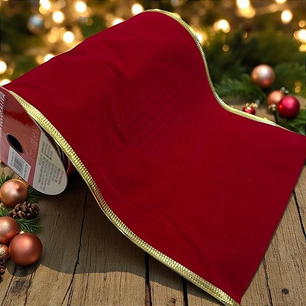 Fita Decorativa de Natal - Veludo Vermelho Com Borda Dourada - 15x457cm - 1 unidade - Cromus - Rizzo