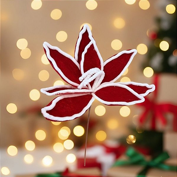 Poinsétia Decorativa - Veludo Vermelho e Branco - 41x33x13cm - 1 unidade - Cromus - Rizzo