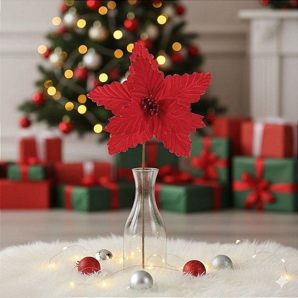 Poinsétia Decorativa - Veludo Vermelho Com Glitter - Vermelho - 41x26x9cm - 1 unidade - Cromus - Rizzo
