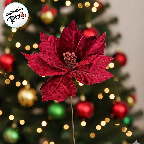Poinsétia Decorativa - Veludo Vermelho Com Glitter - 40x33x14cm - 1 unidade - Cromus - Rizzo