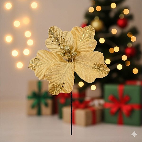 Galho Decorativo de Natal - Bico De Papagaio - Ouro Com Glitter - 21x17,5x8cm - 1 unidade - Cromus - Rizzo