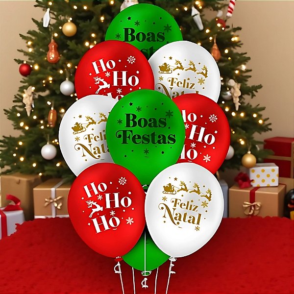 Balão de Festa Redondo Decorado 9"23cm Boas Festas - Verde, Vermelho e Branco - 25 unidades - Regina - Rizzo
