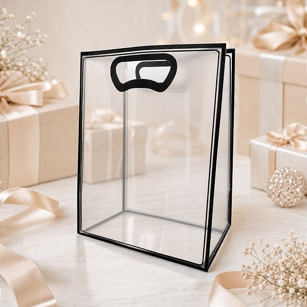 Sacola Transparente Fosca Pvc Alça Plana Preto - 25x15x9cm - 10 unidades - 10 unidades - Cromus - Rizzo