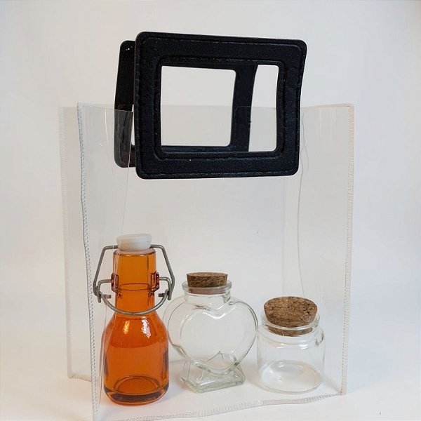 Sacola Transparente PVC com Alça Retangular Couro Preto - 19,4x17x9cm - 10 unidades - Cromus - Rizzo
