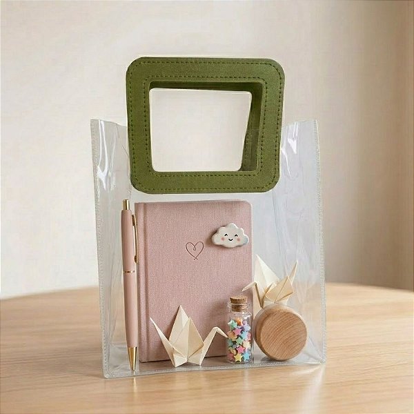 Sacola Transparente PVC com Alça Retangular Couro Verde - 16,4x14,2x7,3cm - 1 unidade - Cromus - Rizzo