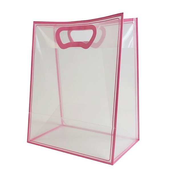 Sacola Transparente Fosca Pvc Alça Plana Rosa Claro - 30x23x15cm - 1 unidade - 1 unidade - Cromus - Rizzo