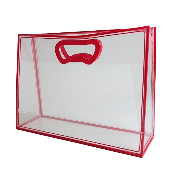 Sacola Transparente Fosca Horizontal Pvc Alça Plana Vermelha - 22x30x9cm - 1 unidade - 1 unidade - Cromus - Rizzo