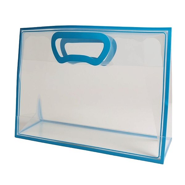 Sacola Transparente Fosca Horizontal Pvc Alça Plana Azul Claro - 22x30x9cm - 10 unidades - 10 unidades - Cromus - Rizzo