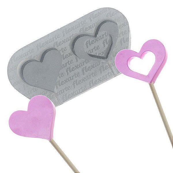 Molde de Silicone Pirulitos Pequenos 35mm 2 Corações Ref. 552 Flexarte