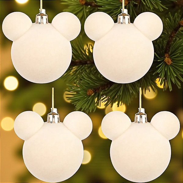 Bola de Natal - Mickey - Aveludada Bege - 8cm - 4 unidades - Disney Original - Rizzo