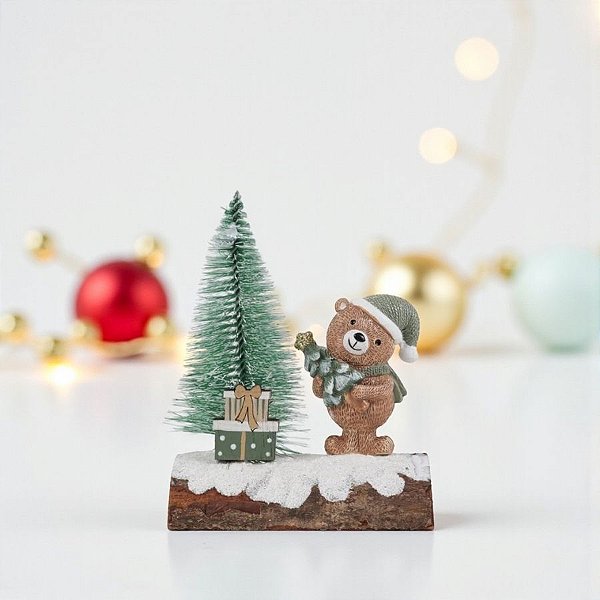 Enfeite de Natal em Resina - Ursinho e Árvore - Marrom e Verde - 13x10x5cm - 1 unidade - Cromus - Rizzo